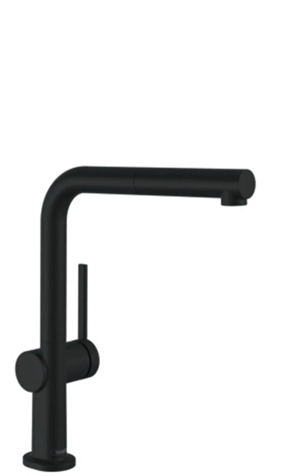 Spültischmischer in mattschwarz mit Ausziehauslauf und Steuerhebel. Design von Hansgrohe, geeignet für moderne Kücheneinrichtungen.